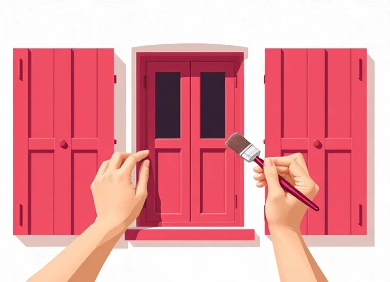 Mise en peinture au pinceau de volets et d'encadrements en bois