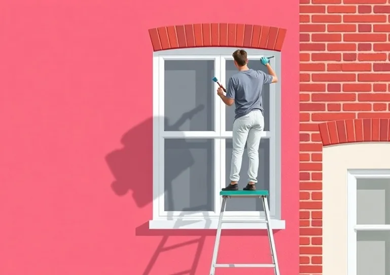Peintre sur échafaudage traitant la façade d'une maison